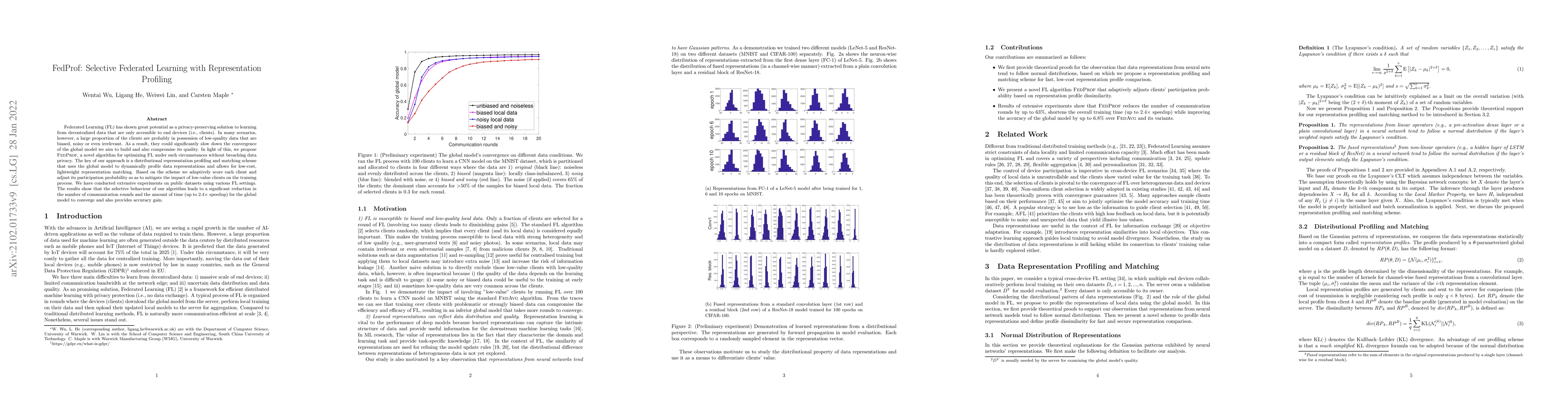Thumbnail for FedProf: Selective Federated Learning with Representation Profiling