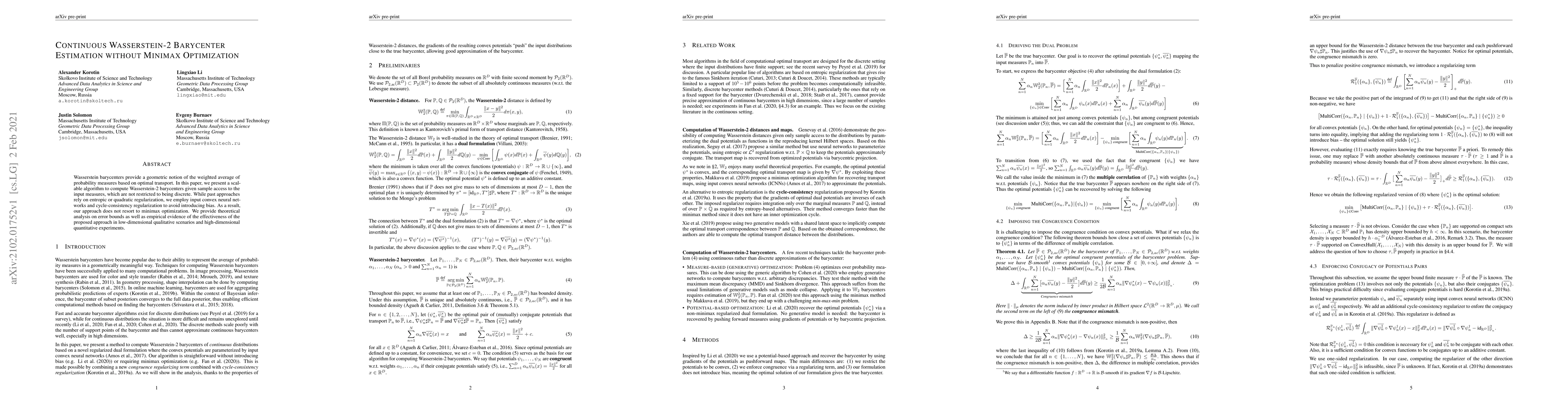 Thumbnail for Continuous Wasserstein-2 Barycenter Estimation without Minimax
  Optimization
