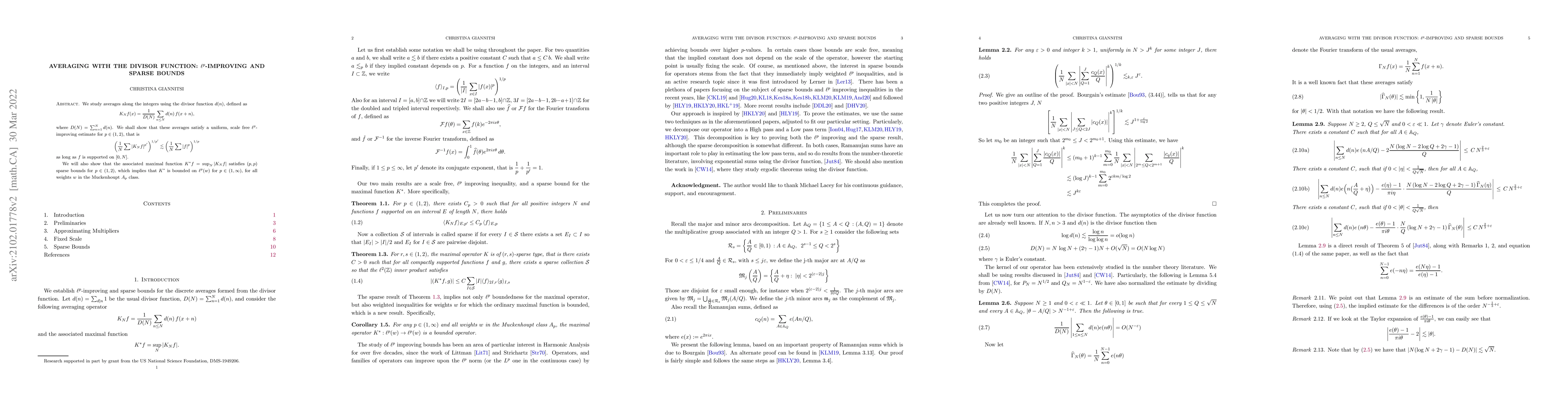 Thumbnail for Averaging with the Divisor Function: $\ell^p$-improving and Sparse
  Bounds