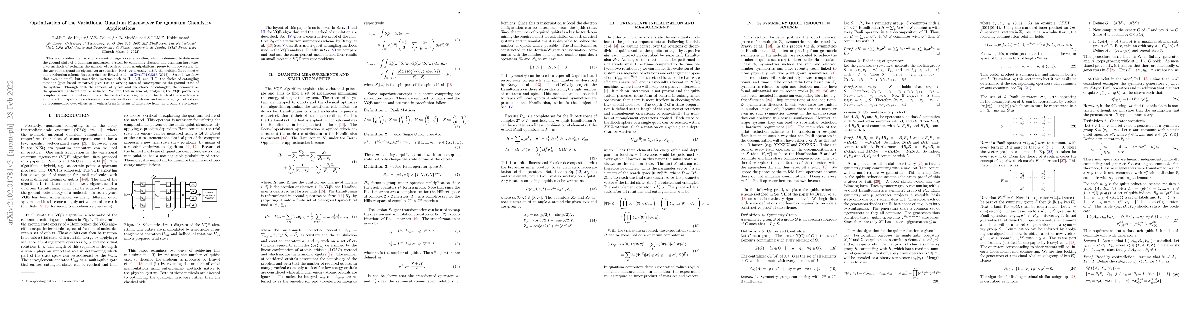 Thumbnail for Optimization of the Variational Quantum Eigensolver for Quantum
  Chemistry Applications