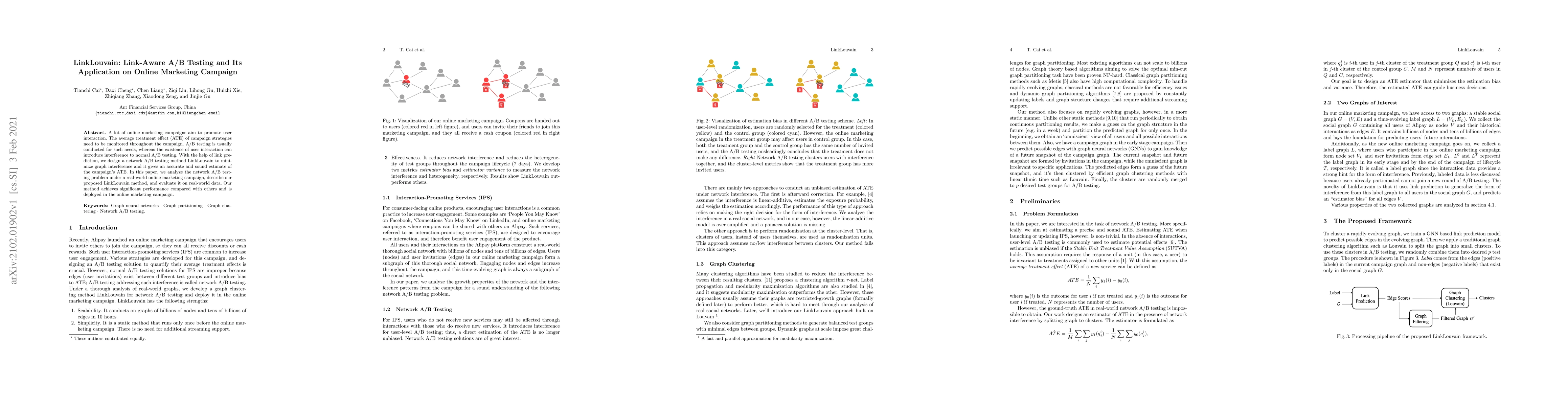 Thumbnail for LinkLouvain: Link-Aware A/B Testing and Its Application on Online
  Marketing Campaign
