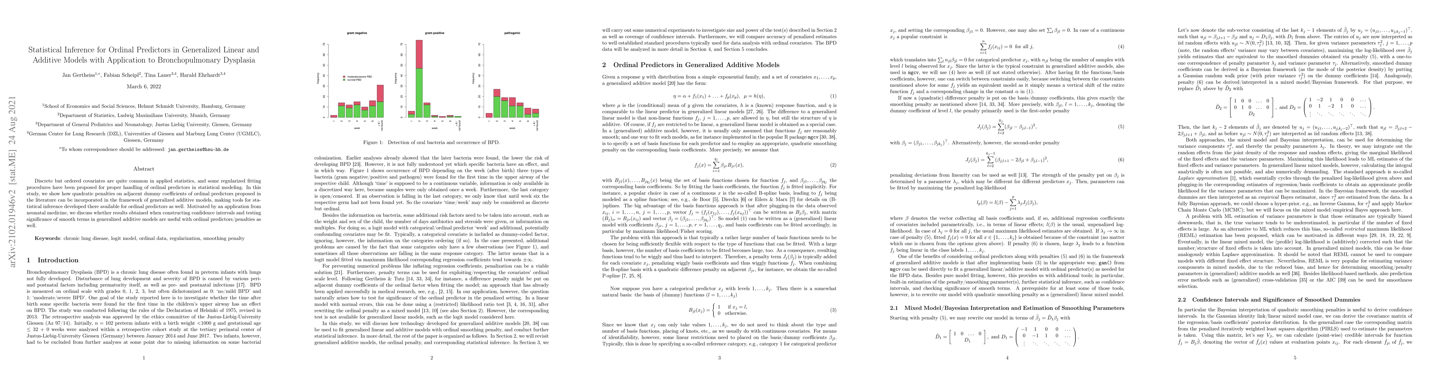 Thumbnail for Statistical Inference for Ordinal Predictors in Generalized Linear and
  Additive Models with Application to Bronchopulmonary Dysplasia