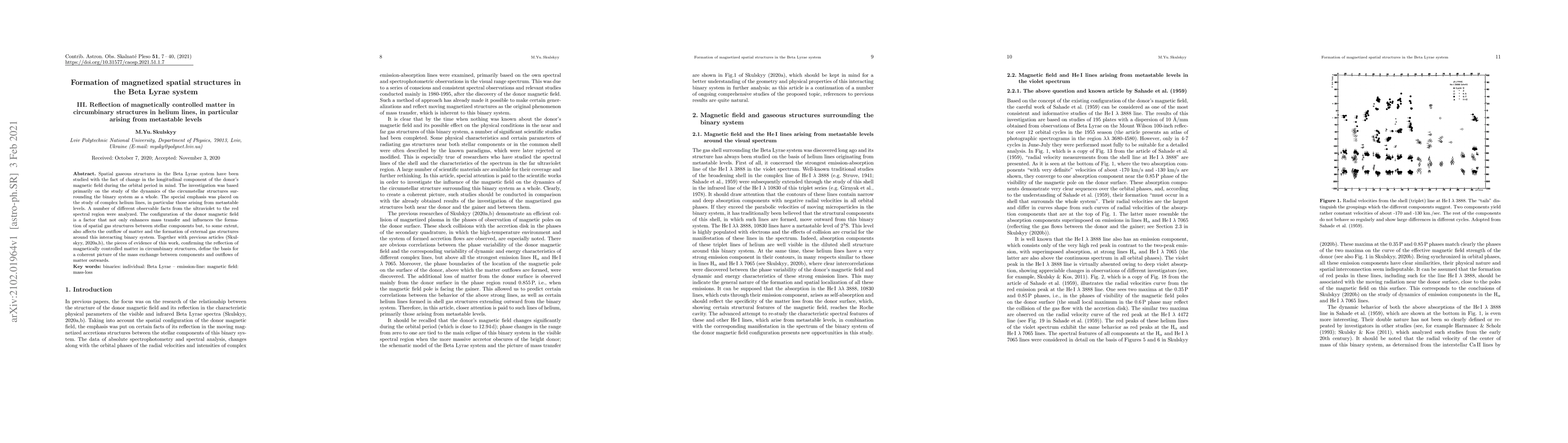 Thumbnail for Formation of magnetized spatial structures in the Beta Lyrae system III.
  Reflection of magnetically controlled matter in circumbinary structures in
  helium lines, in particular arising from metastable levels