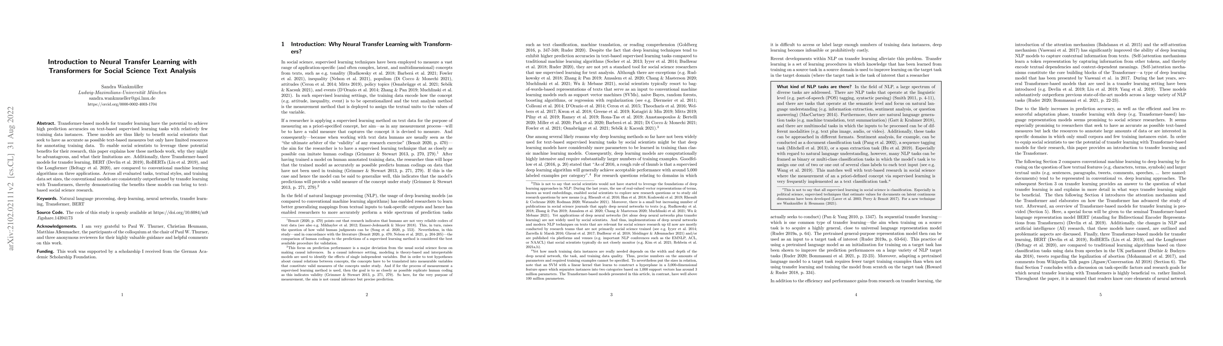 Thumbnail for Introduction to Neural Transfer Learning with Transformers for Social
  Science Text Analysis