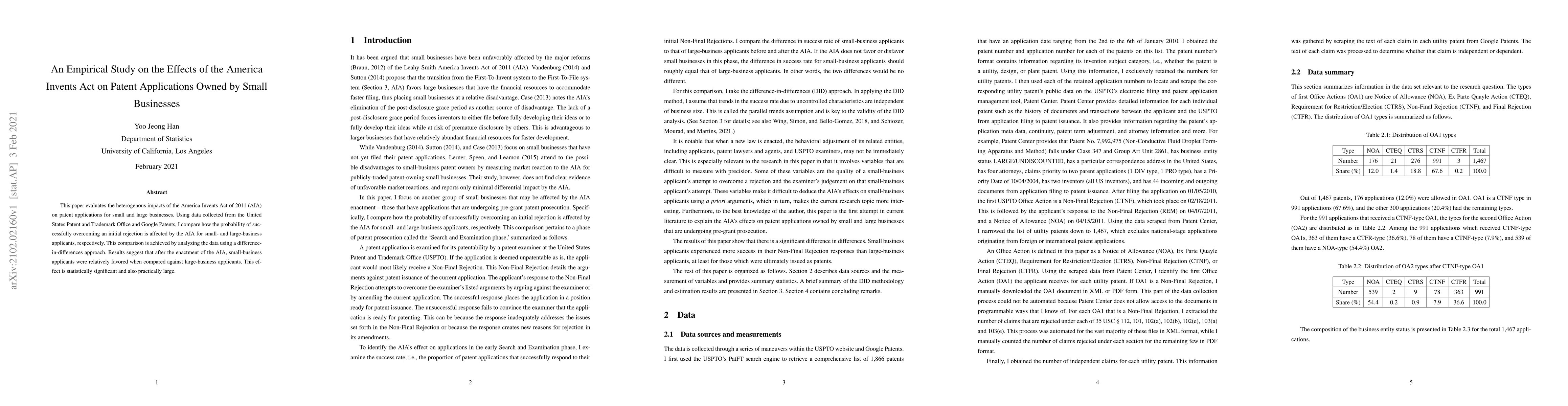 Thumbnail for An Empirical Study on the Effects of the America Invents Act on Patent
  Applications Owned by Small Businesses