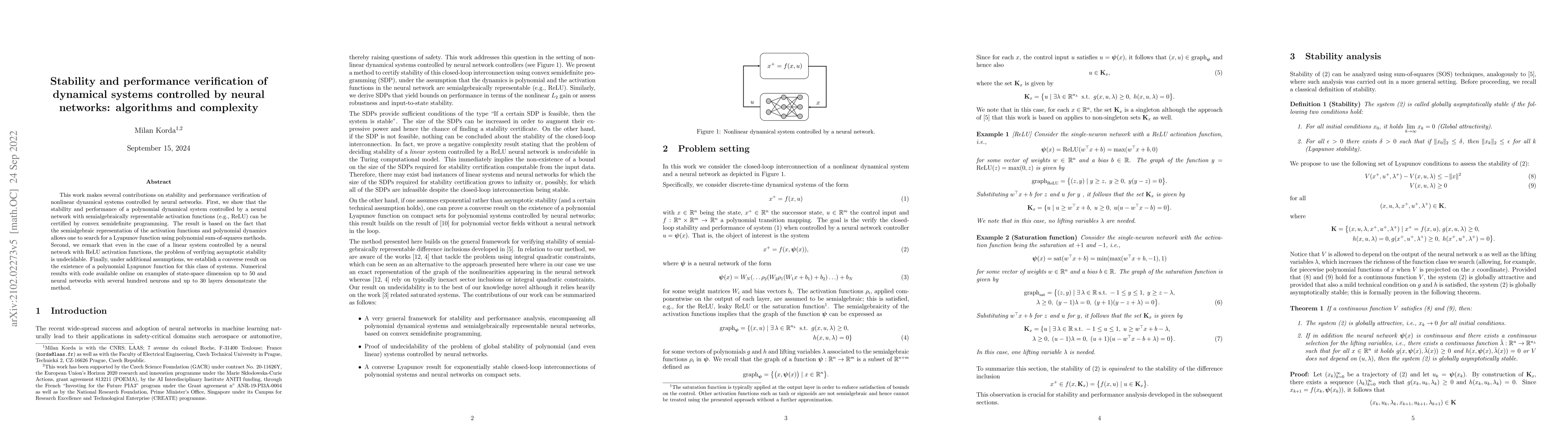 Thumbnail for Stability and performance verification of dynamical systems controlled
  by neural networks: algorithms and complexity