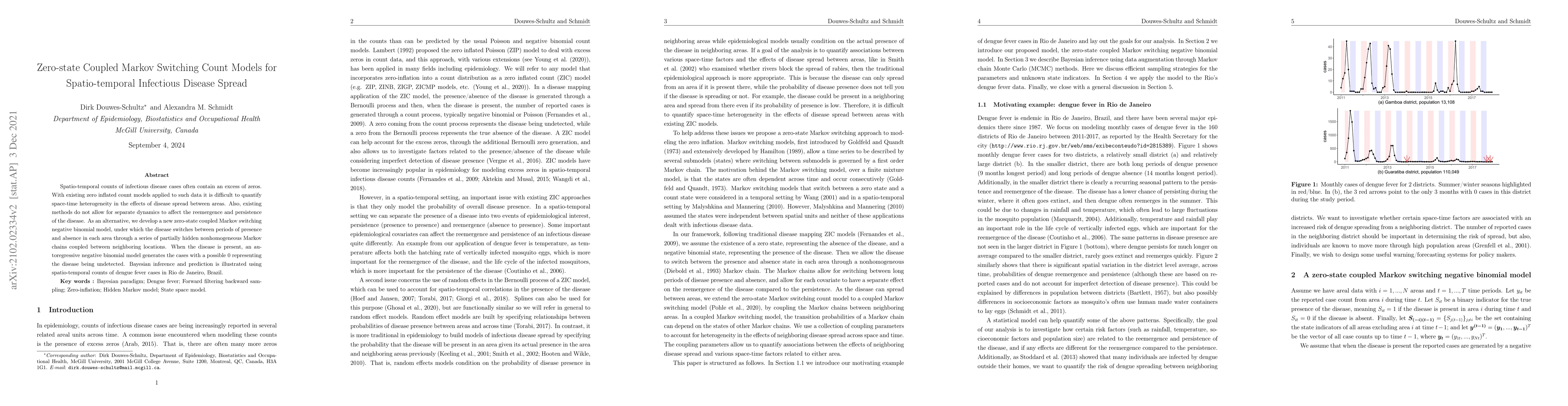Thumbnail for Zero-state Coupled Markov Switching Count Models for Spatio-temporal
  Infectious Disease Spread