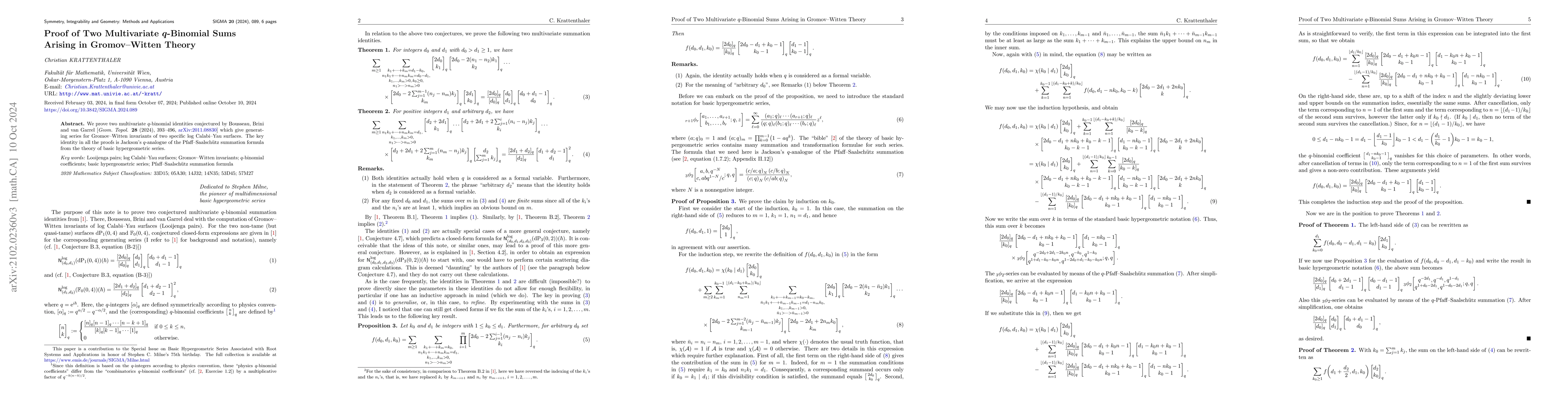 Thumbnail for Proof of two multivariate $q$-binomial sums arising in Gromov-Witten
  theory
