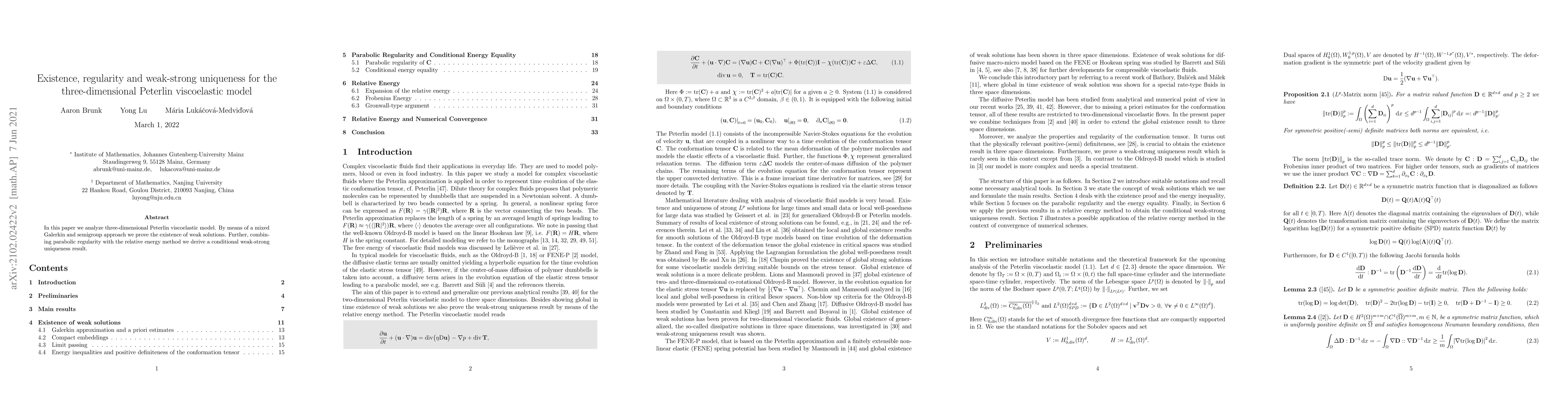 Thumbnail for Existence, regularity and weak-strong uniqueness for the
  three-dimensional Peterlin viscoelastic model