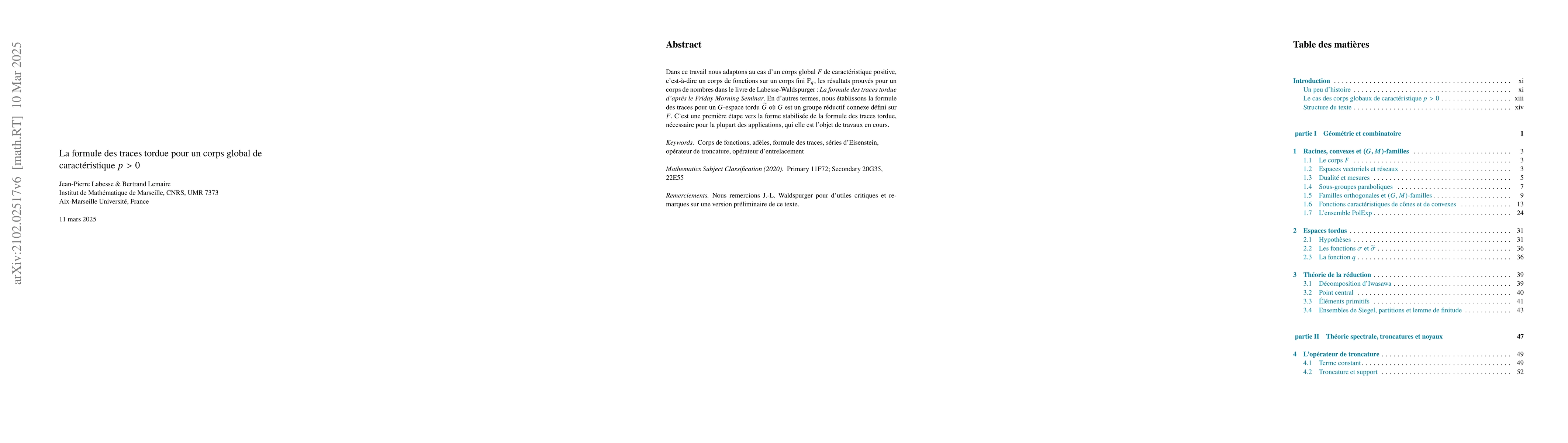 Thumbnail for La formule des traces tordue pour les corps de fonctions