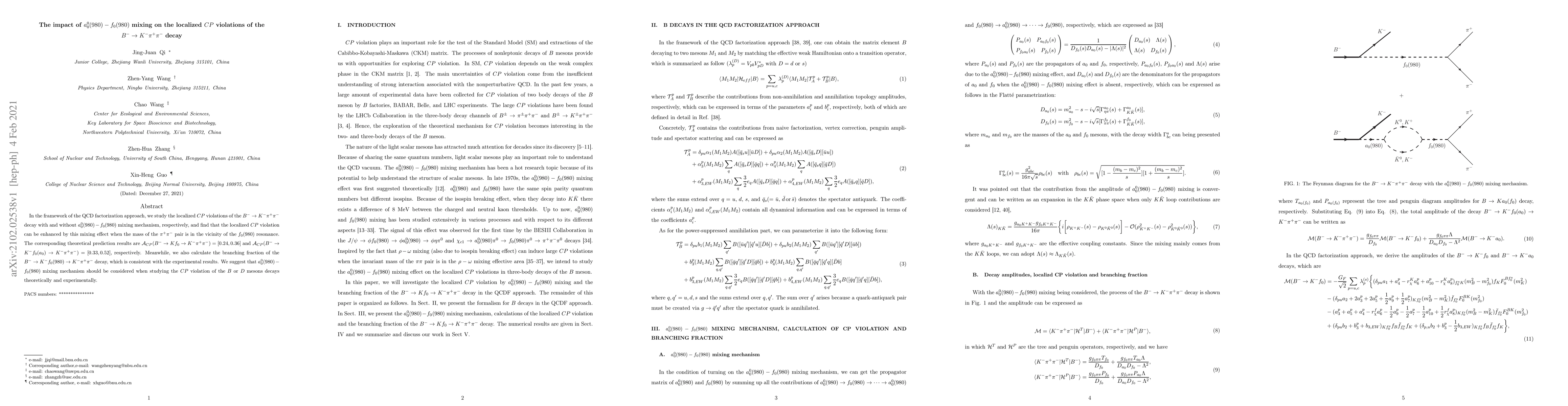 Thumbnail for The impact of $a_0^0(980)-f_0(980)$ mixing on the localized $CP$
  violations of the $B^-\rightarrow K^- \pi^+\pi^-$ decay
