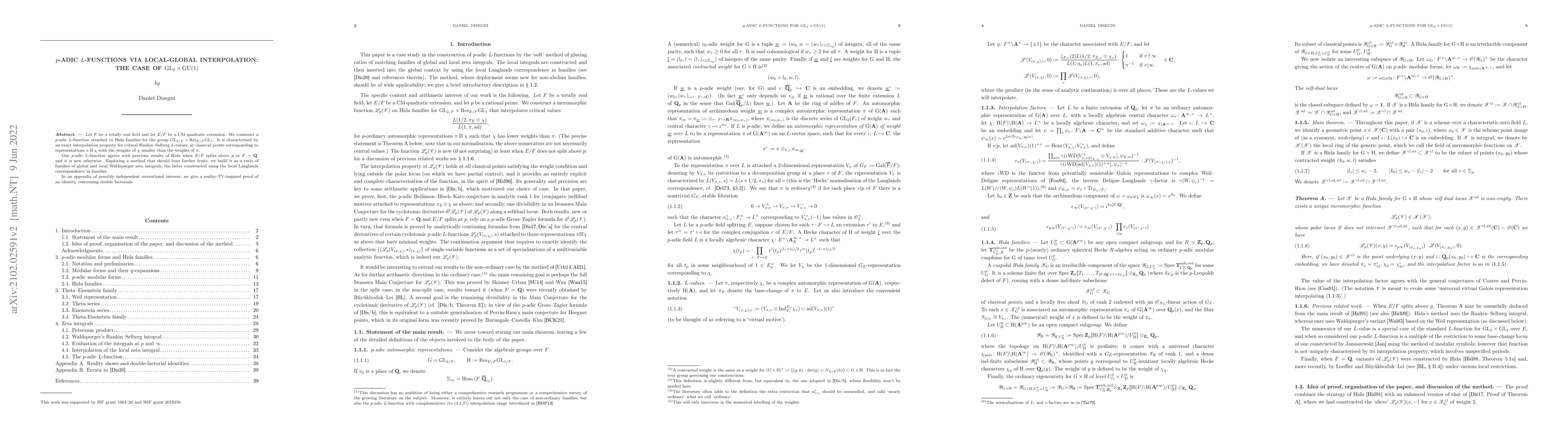Thumbnail for $p$-adic L-functions via local-global interpolation: the case of ${\rm
  GL}_2 \times {\rm GU}(1)$