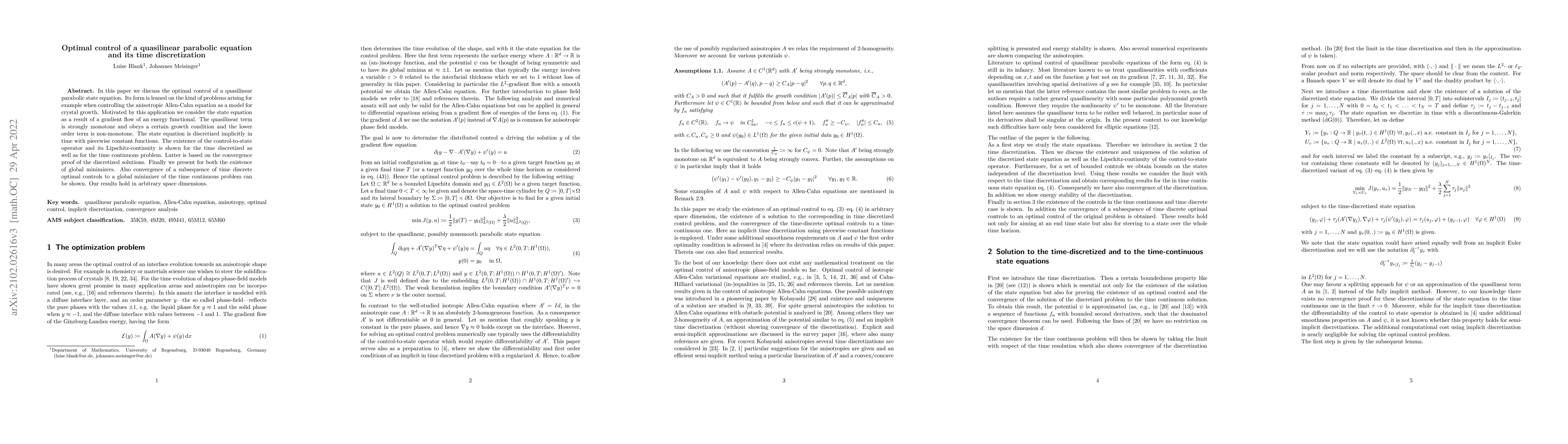 Thumbnail for Optimal control of a quasilinear parabolic equation and its time
  discretization