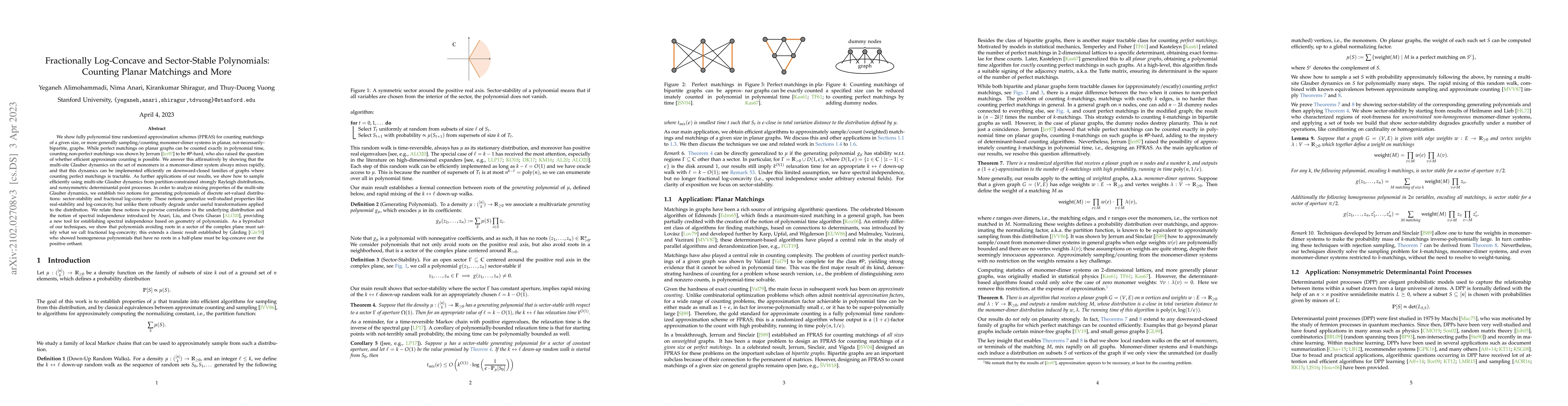 Thumbnail for Fractionally Log-Concave and Sector-Stable Polynomials: Counting Planar
  Matchings and More