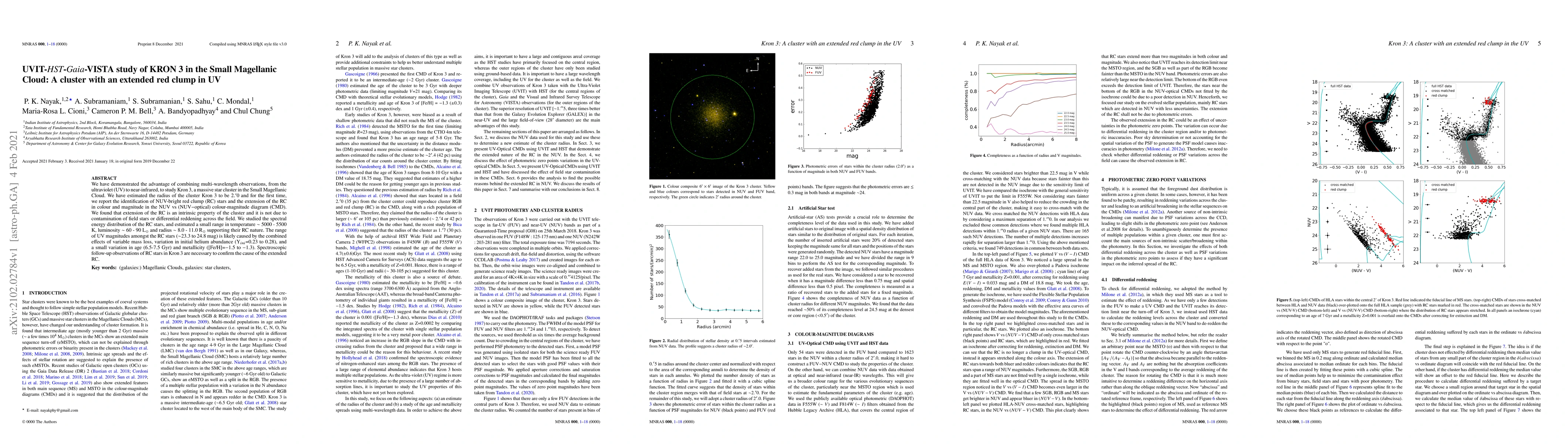 Thumbnail for UVIT-HST-Gaia-VISTA study of KRON 3 in the Small Magellanic Cloud: A
  cluster with an extended red clump in UV