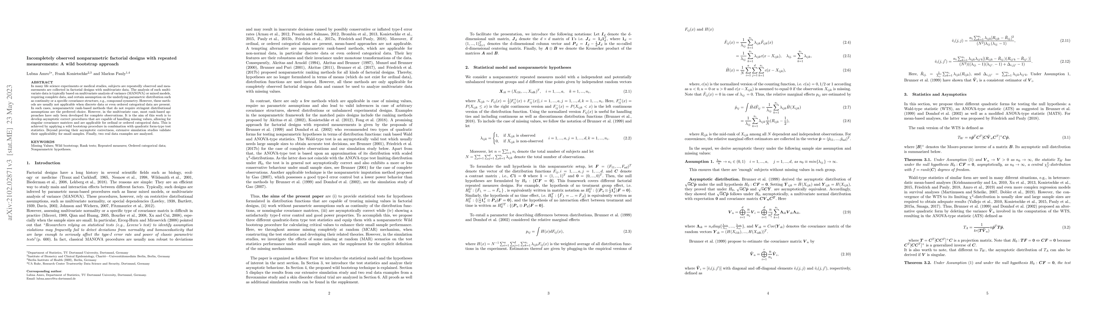 Thumbnail for Incompletely observed nonparametric factorial designs with repeated
  measurements: A wild bootstrap approach