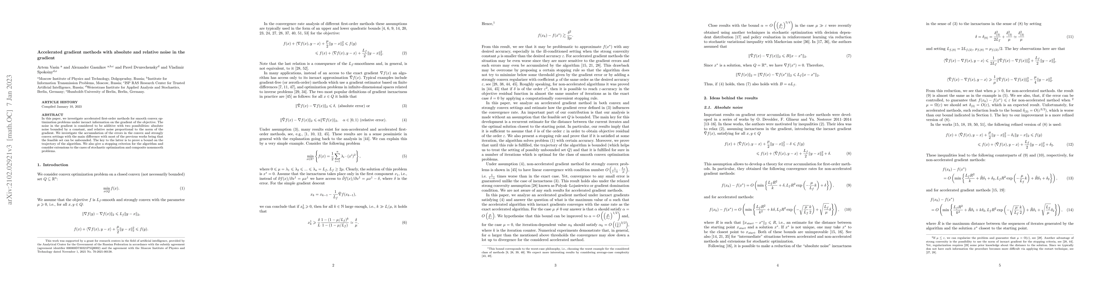 Thumbnail for Accelerated gradient methods with absolute and relative noise in the
  gradient