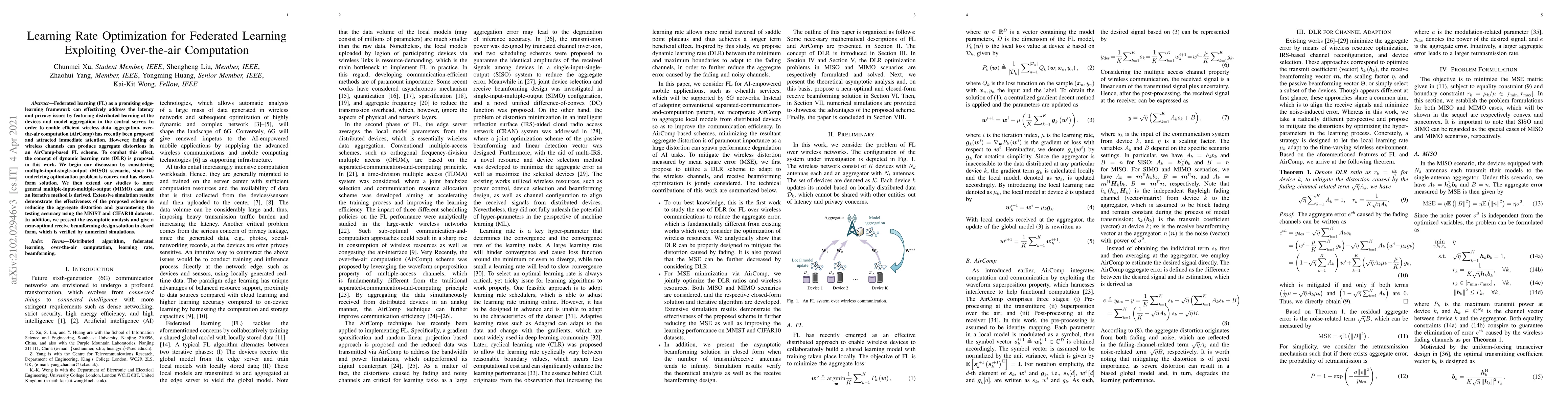 Thumbnail for Learning Rate Optimization for Federated Learning Exploiting
  Over-the-air Computation