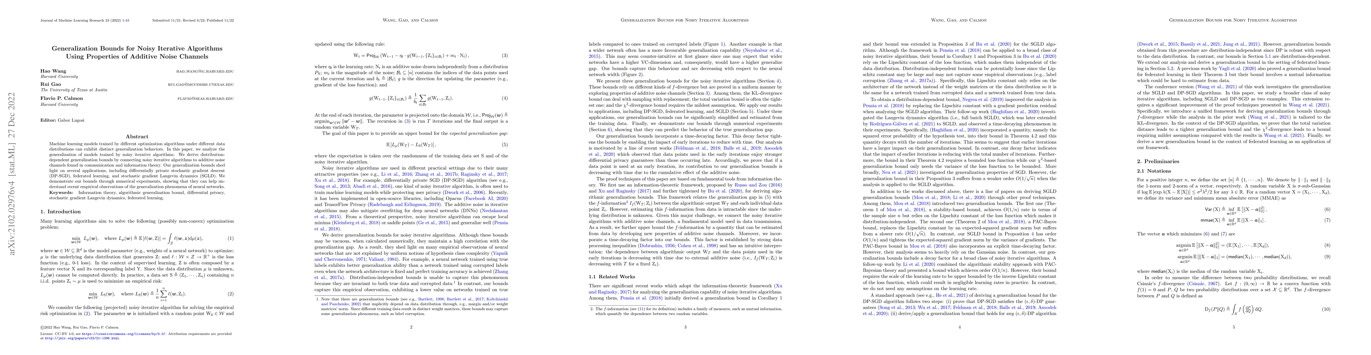 Thumbnail for Generalization Bounds for Noisy Iterative Algorithms Using Properties of
  Additive Noise Channels