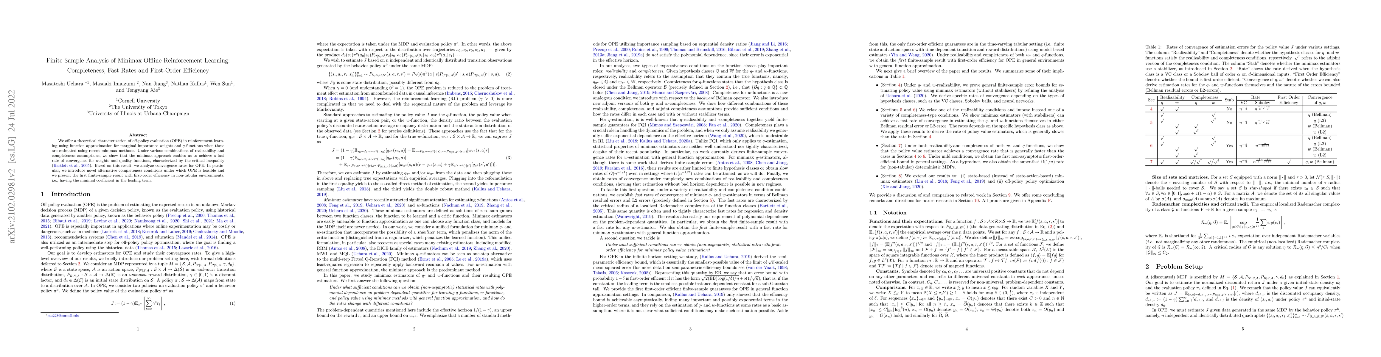 Thumbnail for Finite Sample Analysis of Minimax Offline Reinforcement Learning:
  Completeness, Fast Rates and First-Order Efficiency
