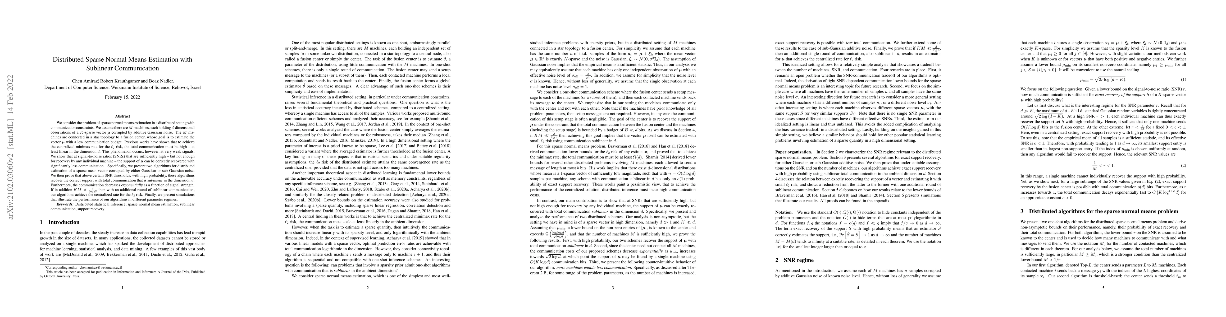 Thumbnail for Distributed Sparse Normal Means Estimation with Sublinear Communication