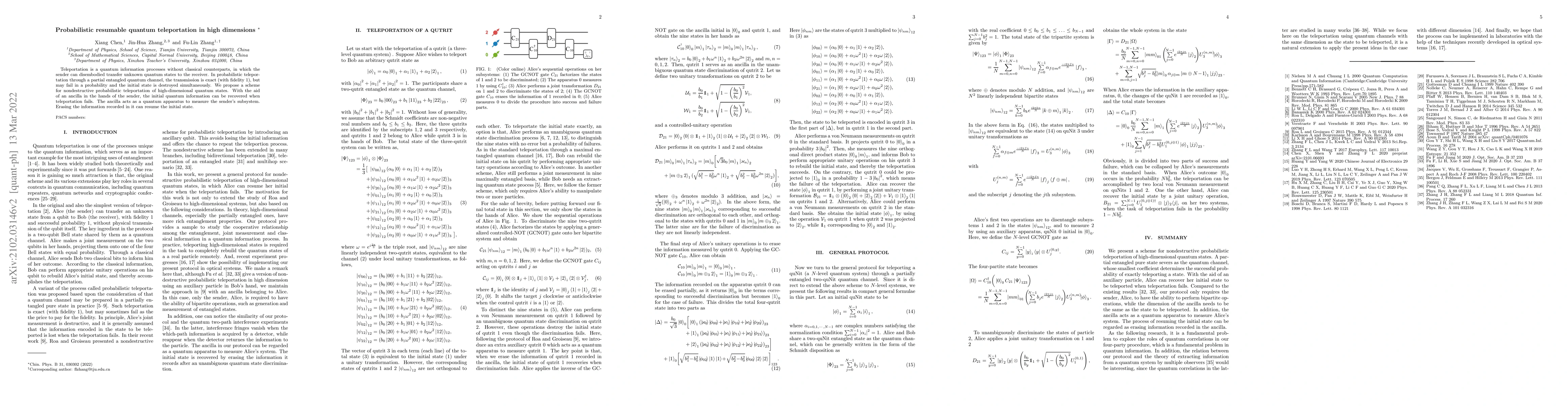 Thumbnail for Probabilistic resumable quantum teleportation in high dimensions