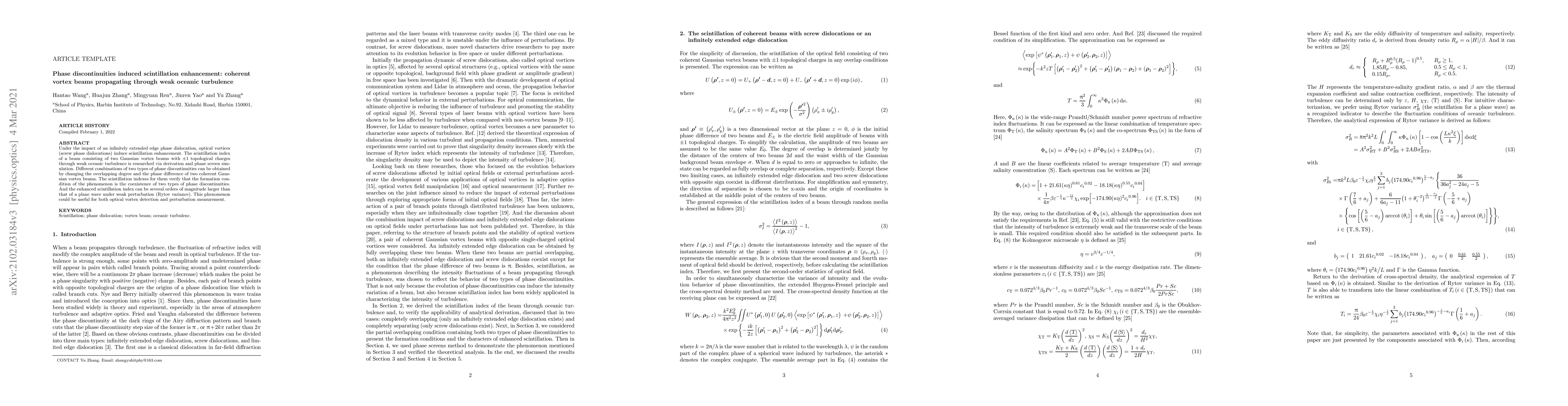 Thumbnail for Phase discontinuities induced scintillation enhancement: coherent vortex
  beams propagating through weak oceanic turbulence