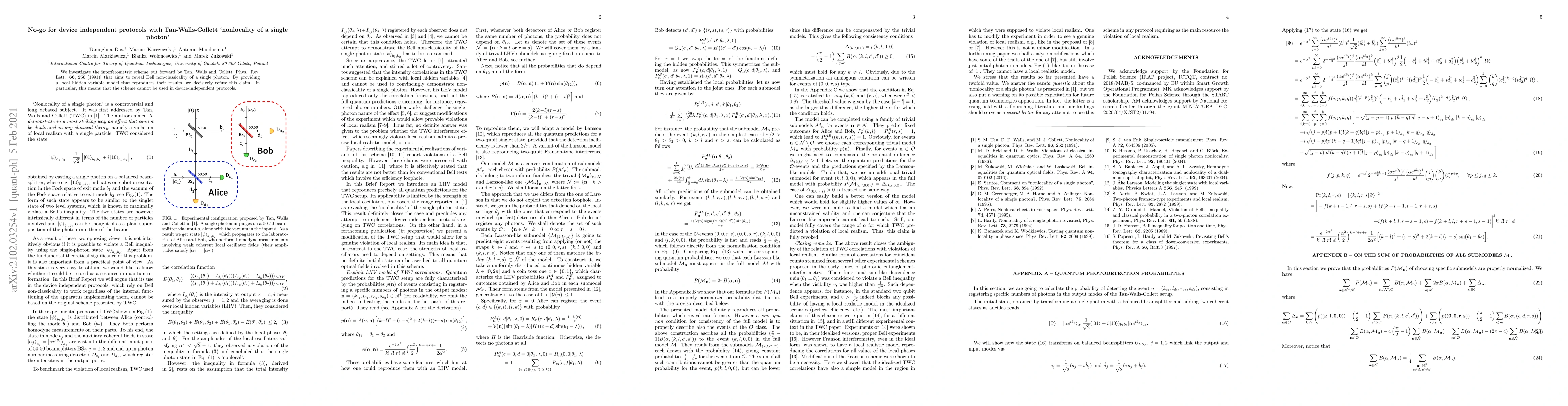Thumbnail for No-go for device independent protocols with Tan-Walls-Collett
  `nonlocality of a single photon'