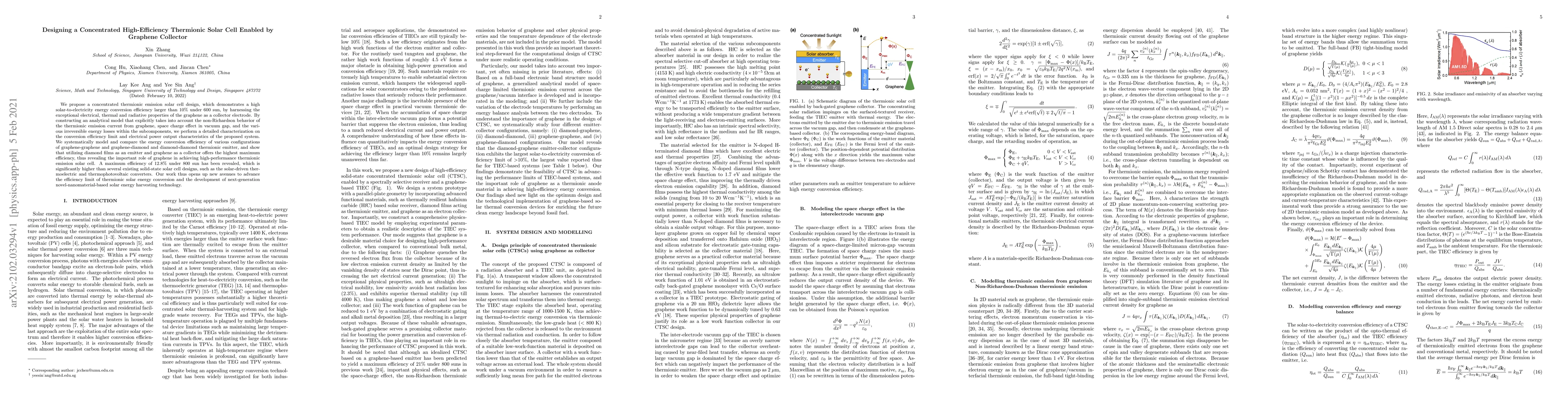 Thumbnail for Designing a Concentrated High-Efficiency Thermionic Solar Cell Enabled
  by Graphene Collector