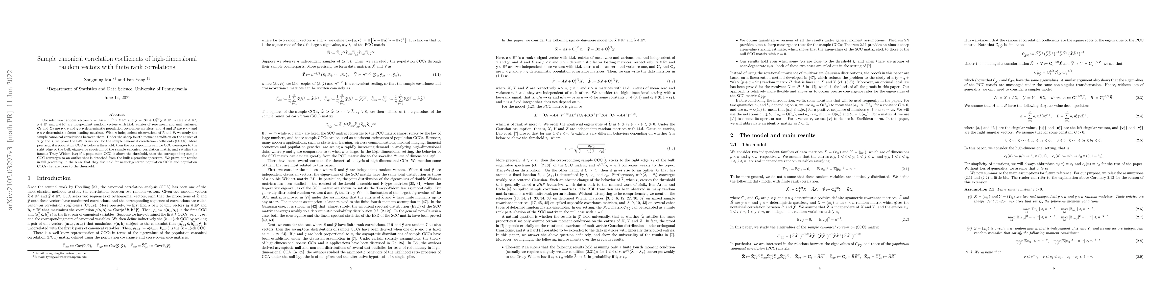 Thumbnail for Sample canonical correlation coefficients of high-dimensional random
  vectors with finite rank correlations