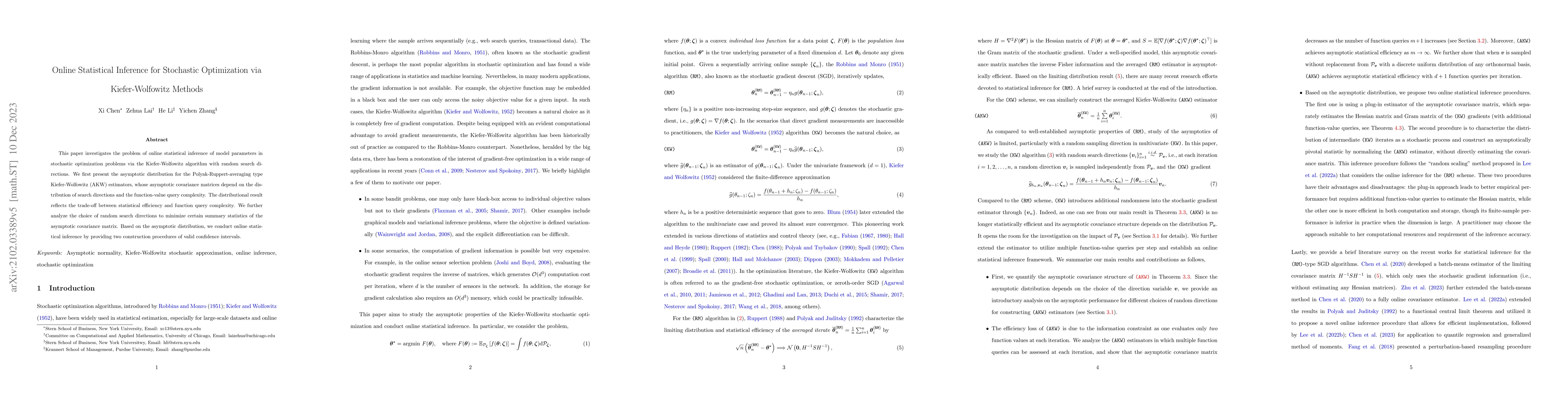 Thumbnail for Online Statistical Inference for Stochastic Optimization via
  Kiefer-Wolfowitz Methods