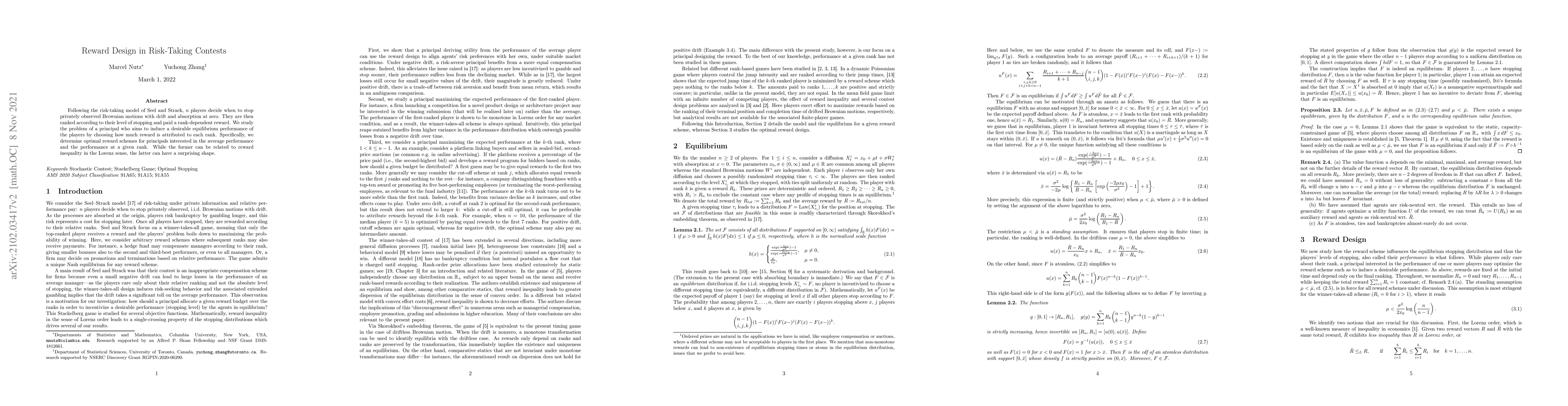 Thumbnail for Reward Design in Risk-Taking Contests