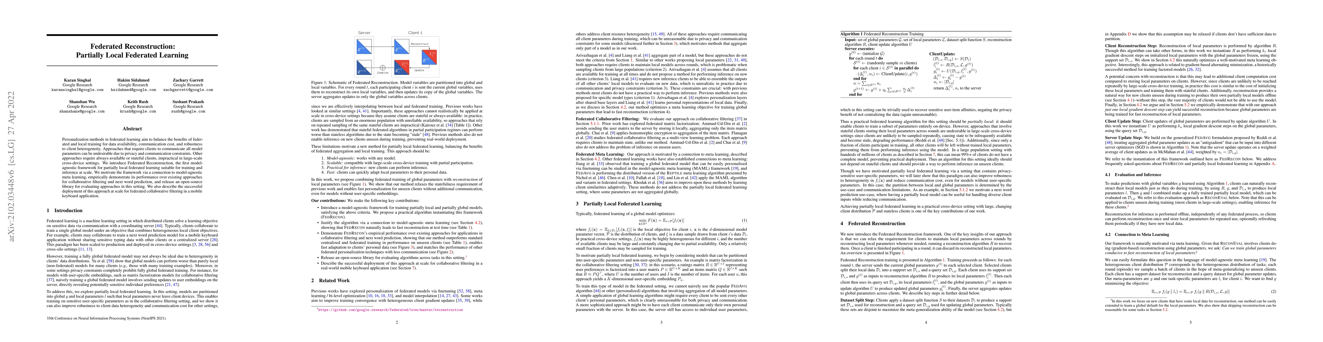 Thumbnail for Federated Reconstruction: Partially Local Federated Learning