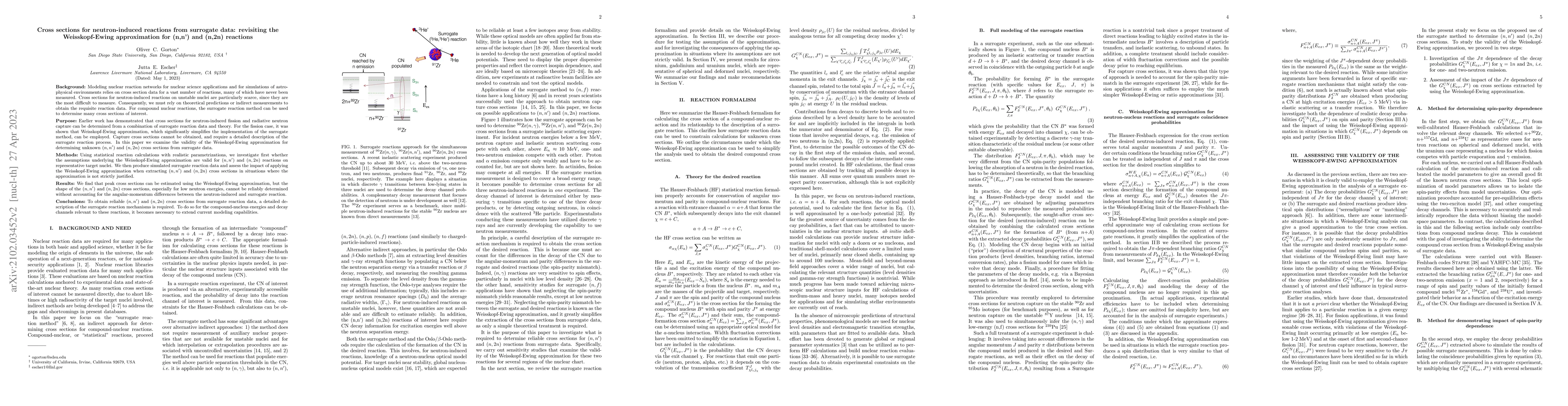 Thumbnail for Cross sections for neutron-induced reactions from surrogate data:
  revisiting the Weisskopf-Ewing approximation for $(n,n^{\prime})$ and
  $(n,2n)$ reactions