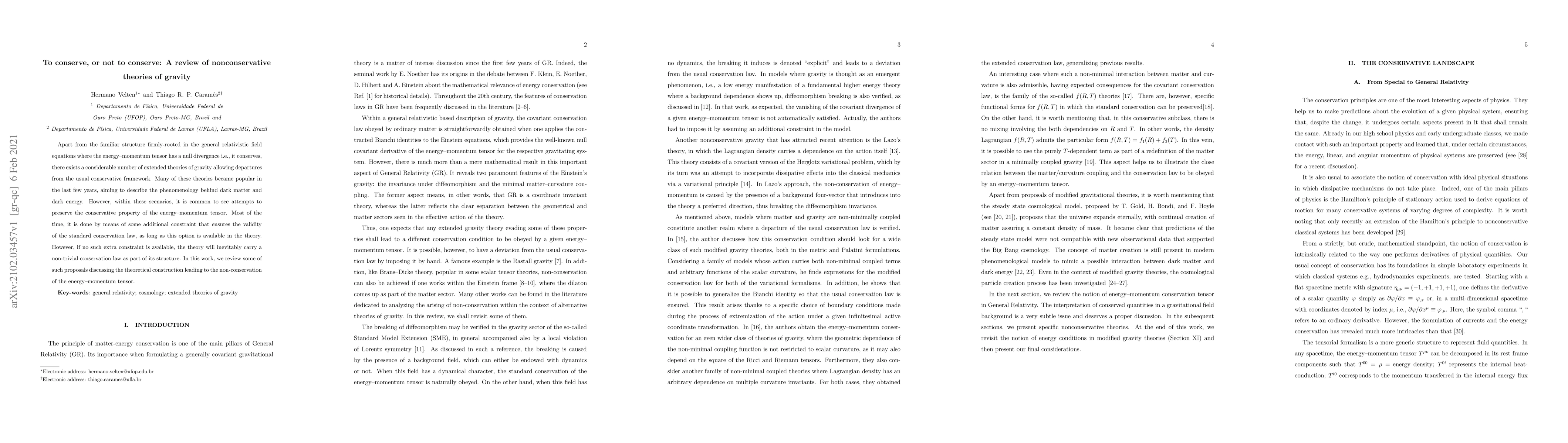 Thumbnail for To conserve, or not to conserve: A review of nonconservative theories of
  gravity
