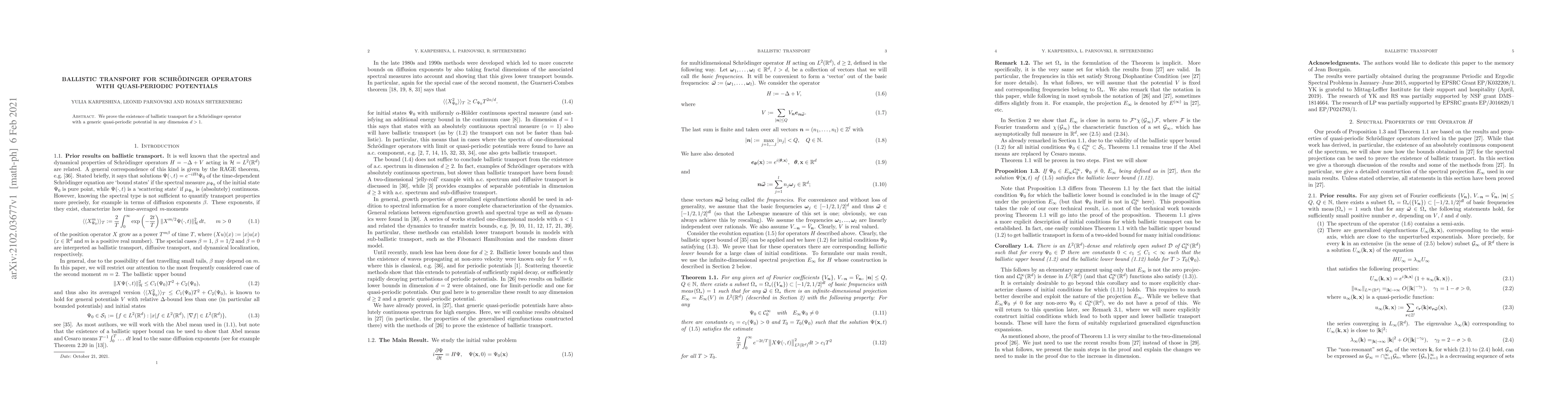 Thumbnail for Ballistic Transport for Schr\"odinger Operators with Quasi-periodic
  Potentials