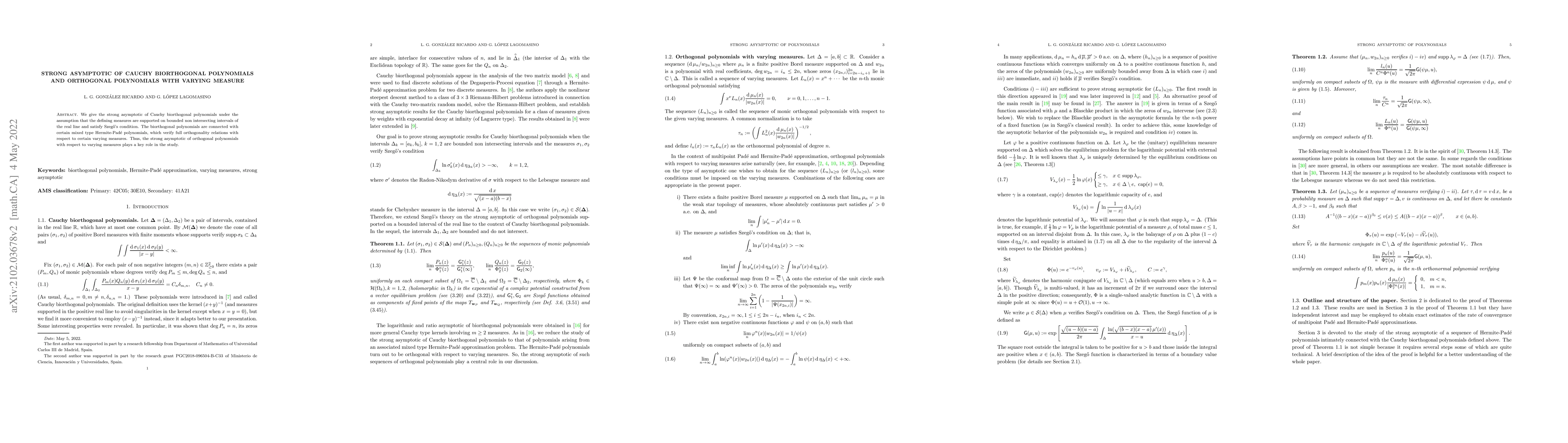 Thumbnail for Strong asymptotic of Cauchy biorthogonal polynomials and orthogonal
  polynomials with varying measure