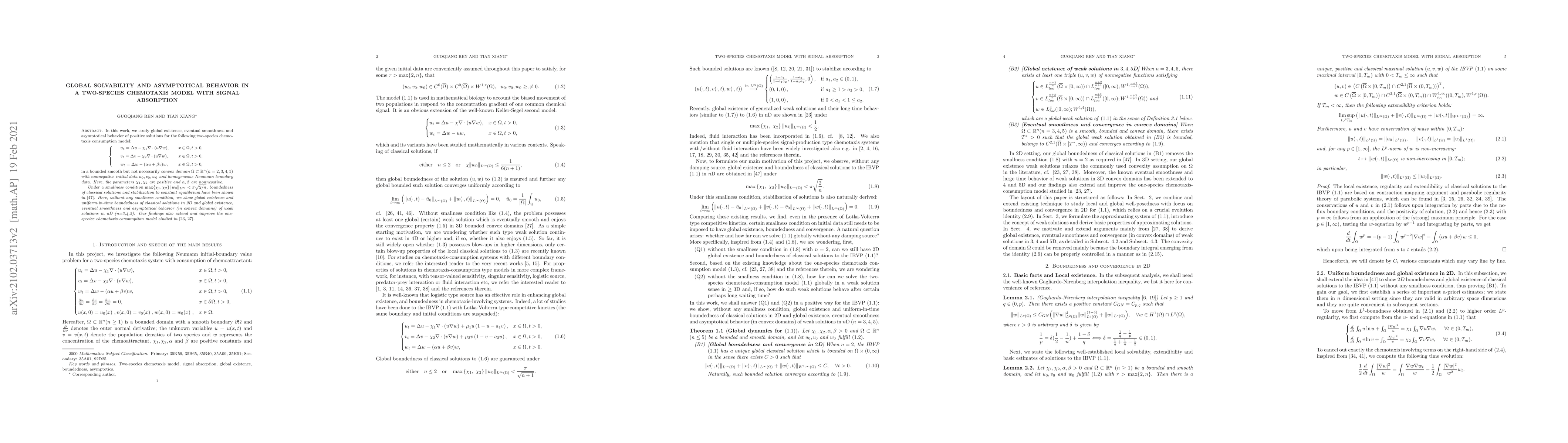 Thumbnail for Global solvability and asymptotical behavior in a two-species chemotaxis
  model with signal absorption