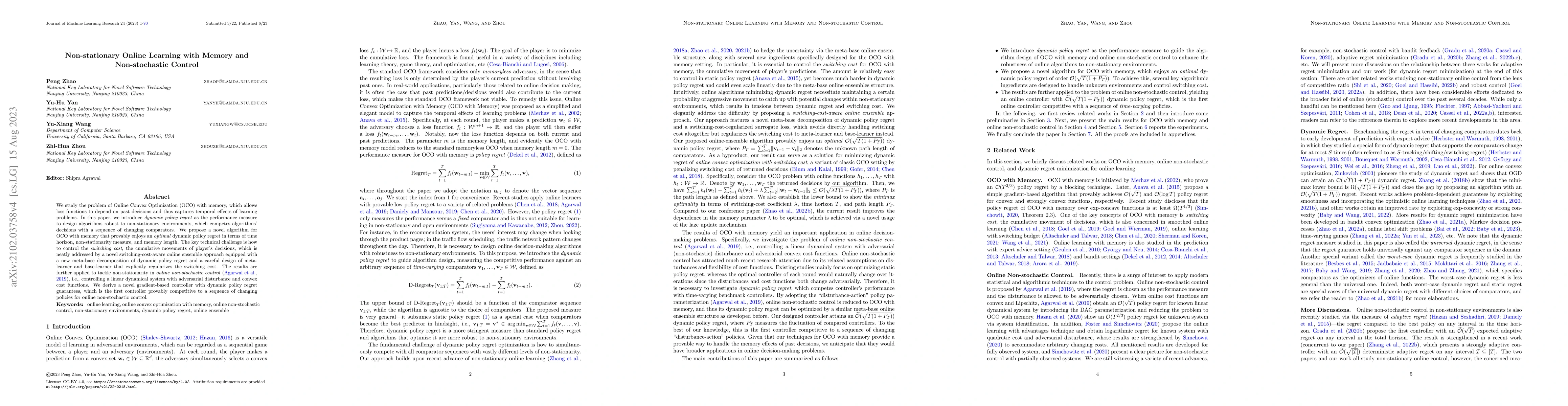 Thumbnail for Non-stationary Online Learning with Memory and Non-stochastic Control