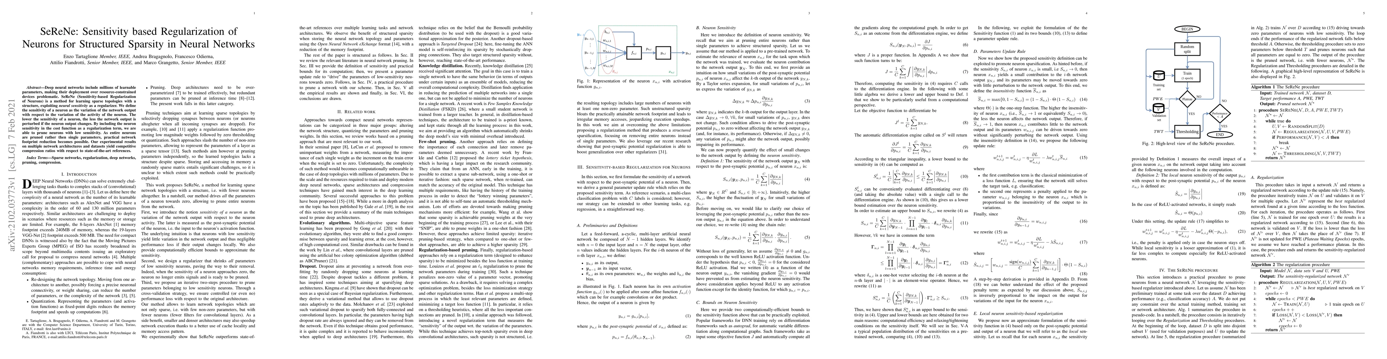 Thumbnail for SeReNe: Sensitivity based Regularization of Neurons for Structured
  Sparsity in Neural Networks