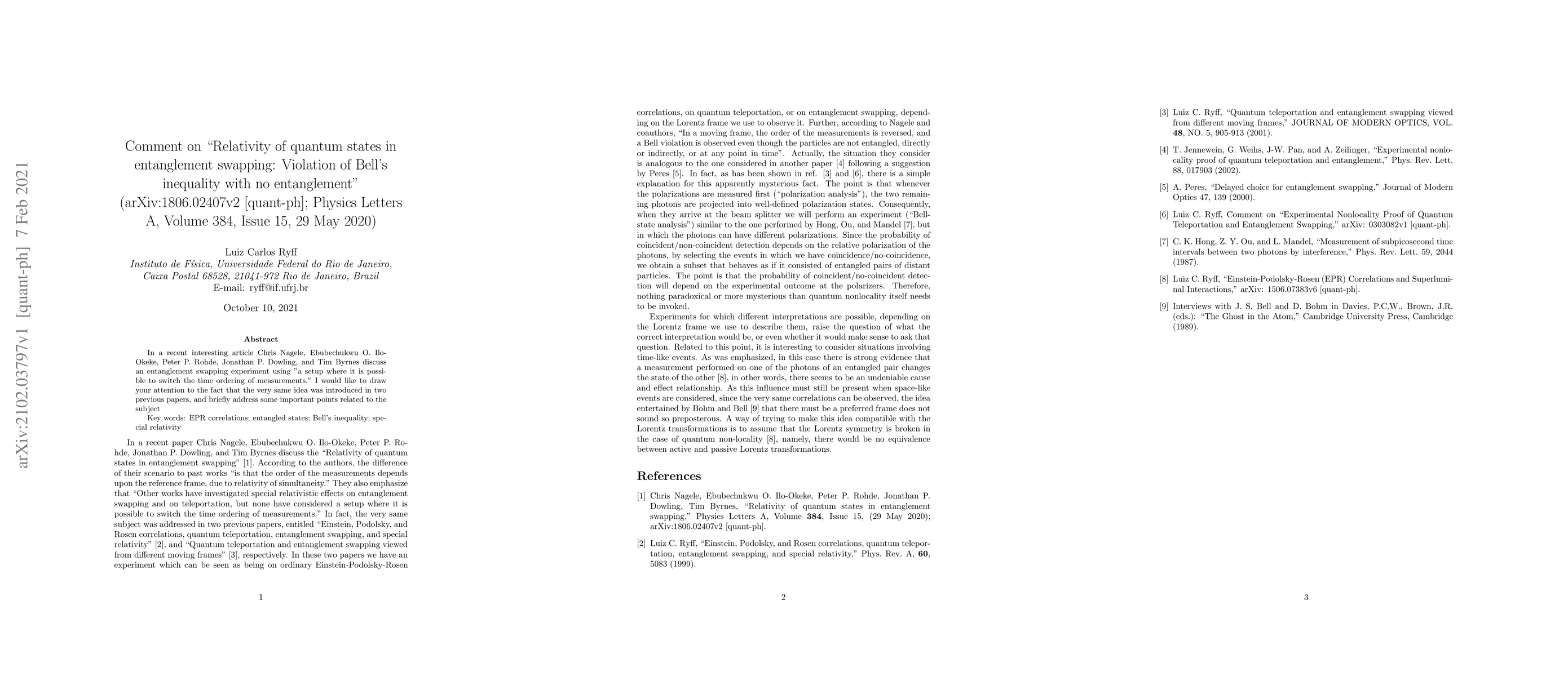 Thumbnail for Comment on "Relativity of Quantum States in Entanglement Swapping:
  Violation of Bell's Inequality with no Entanglement"