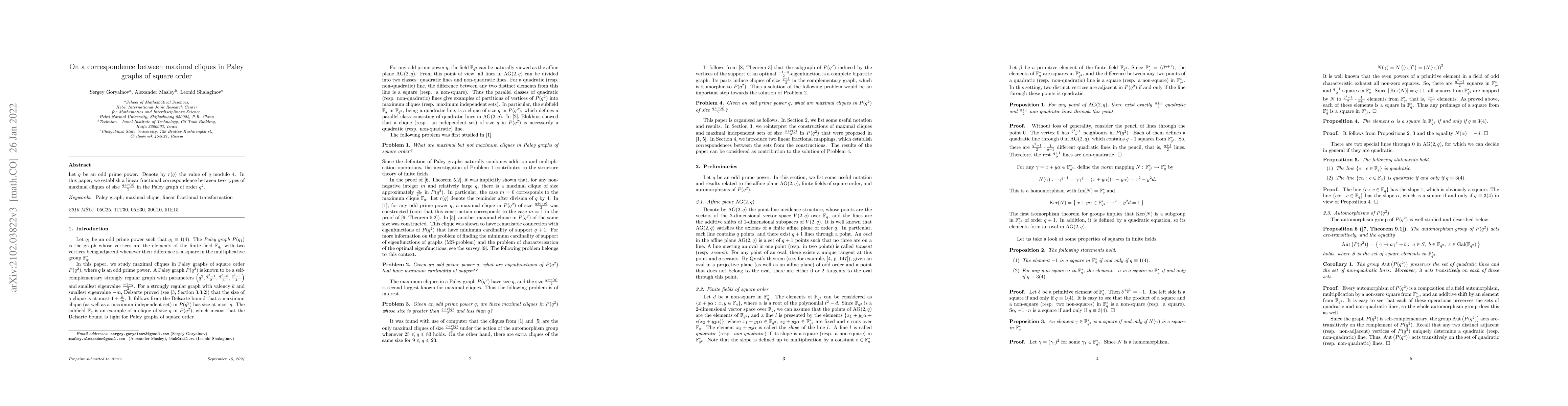 Thumbnail for On a correspondence between maximal cliques in Paley graphs of square
  order