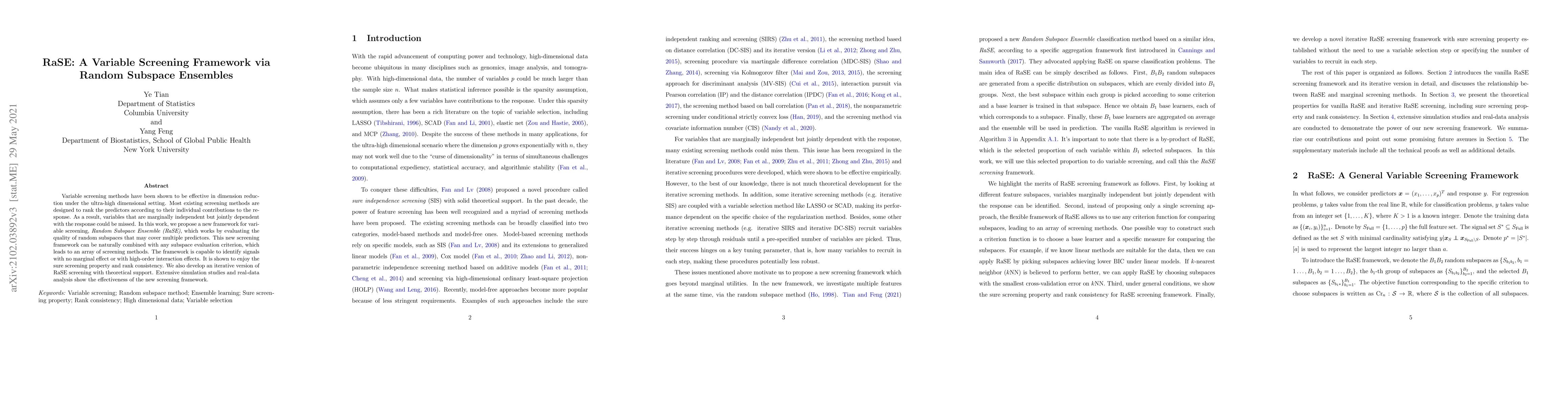 Thumbnail for RaSE: A Variable Screening Framework via Random Subspace Ensembles