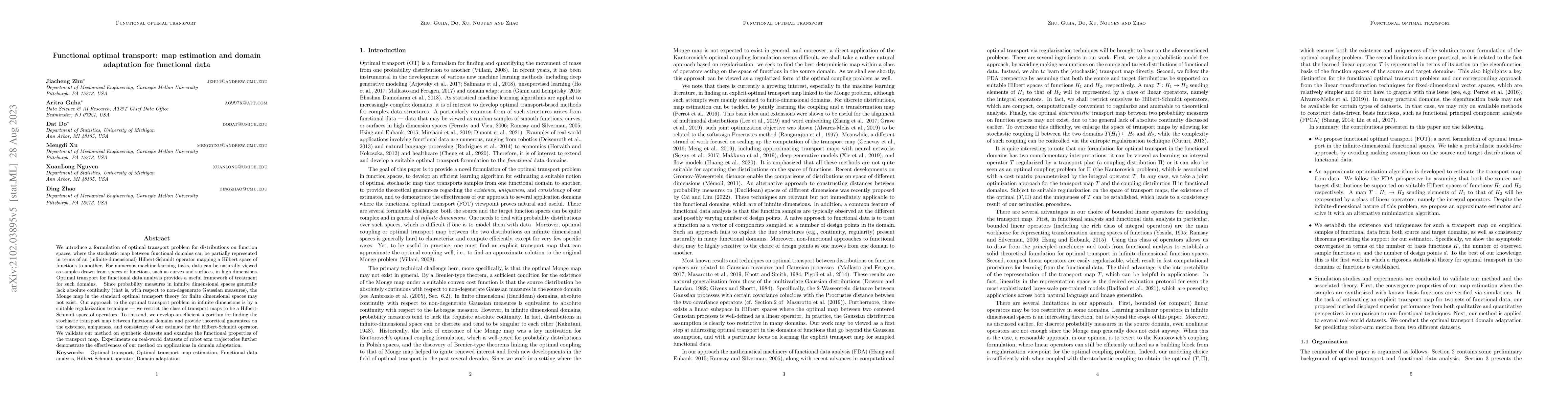 Thumbnail for Functional optimal transport: map estimation and domain adaptation for
  functional data