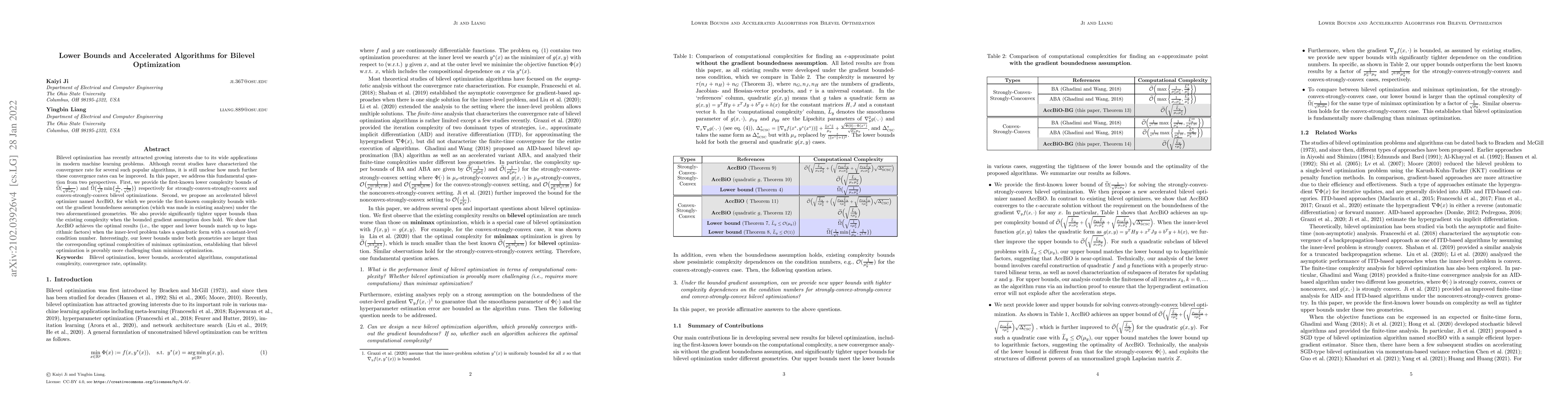 Thumbnail for Lower Bounds and Accelerated Algorithms for Bilevel Optimization