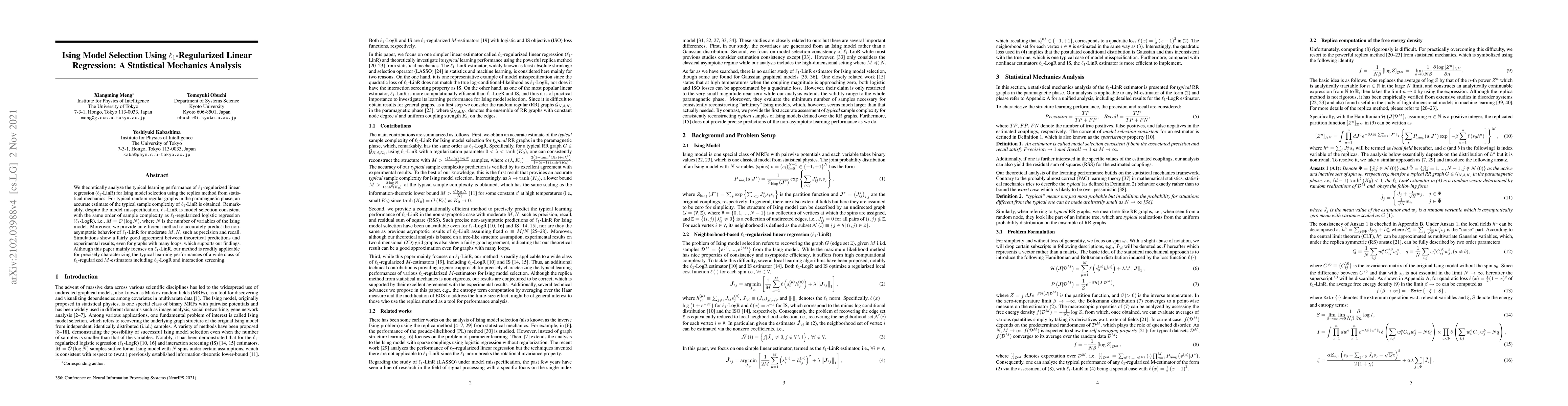 Thumbnail for Ising Model Selection Using $\ell_{1}$-Regularized Linear Regression: A
  Statistical Mechanics Analysis
