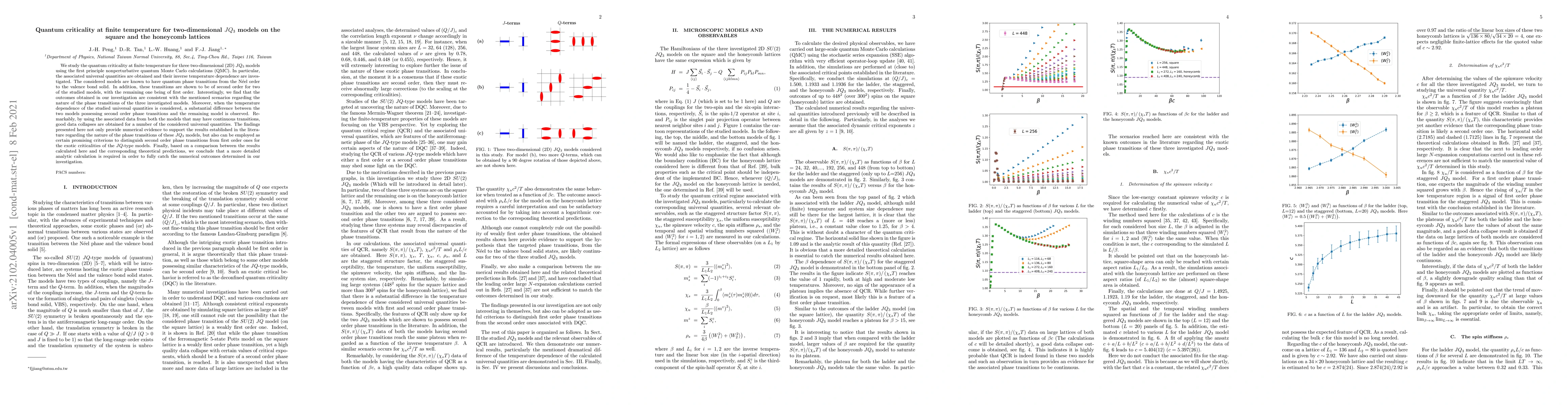 Thumbnail for Quantum criticality at finite temperature for two-dimensional $JQ_3$
  models on the square and the honeycomb lattices