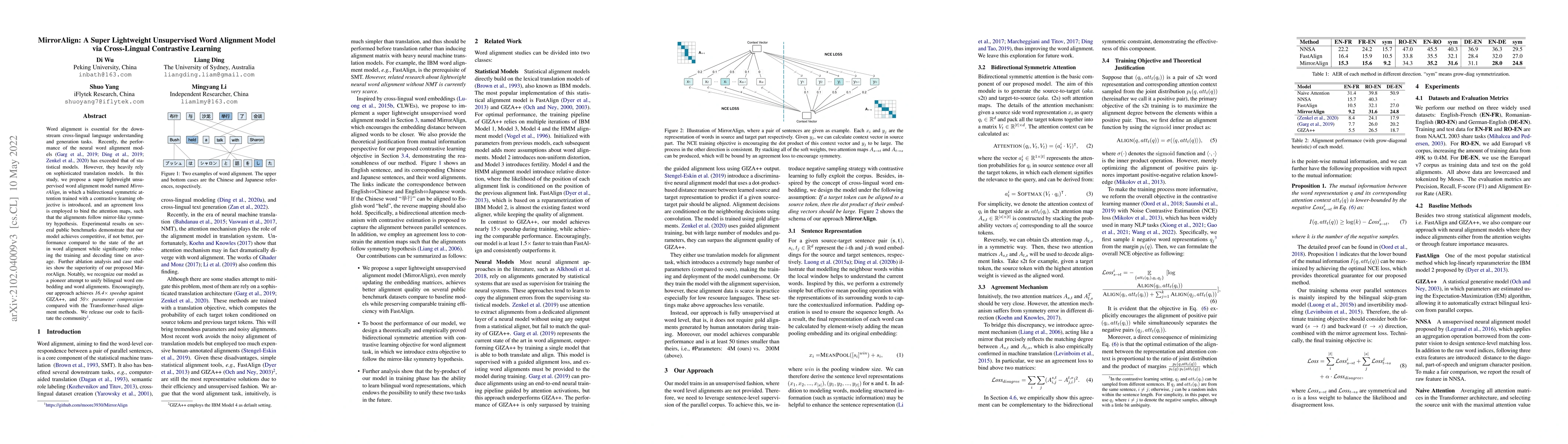 Thumbnail for MirrorAlign: A Super Lightweight Unsupervised Word Alignment Model via
  Cross-Lingual Contrastive Learning