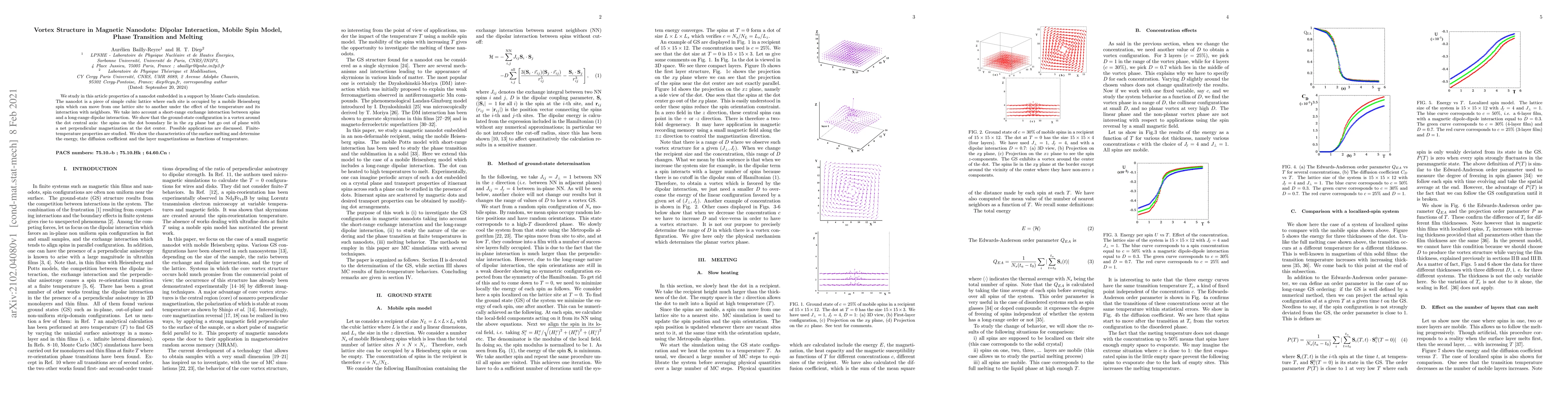 Thumbnail for Vortex Structure in Magnetic Nanodots: Dipolar Interaction, Mobile Spin
  Model, Phase Transition and Melting