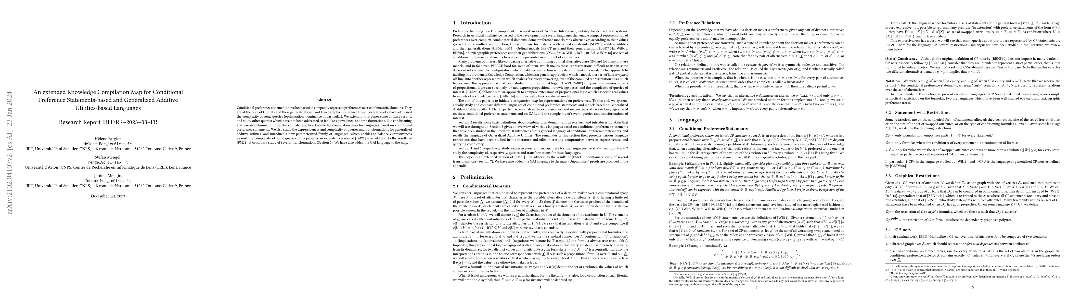 Thumbnail for An extended Knowledge Compilation Map for Conditional Preference
  Statements-based and Generalized Additive Utilities-based Languages